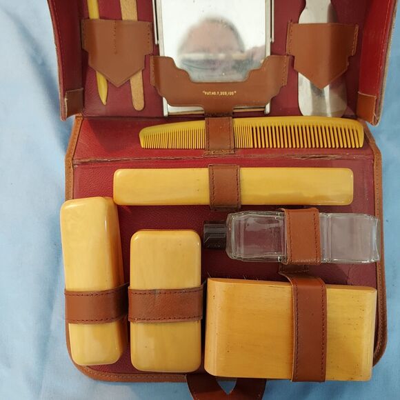 1950s Men’s Vintage Embossed Western Leather Vanity Kit Grooming Travel Case - Picture 7 of 13